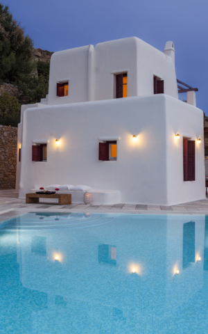 Evening view of the pool at Villa Eirene, a private villa for rent Mykonos at AGL