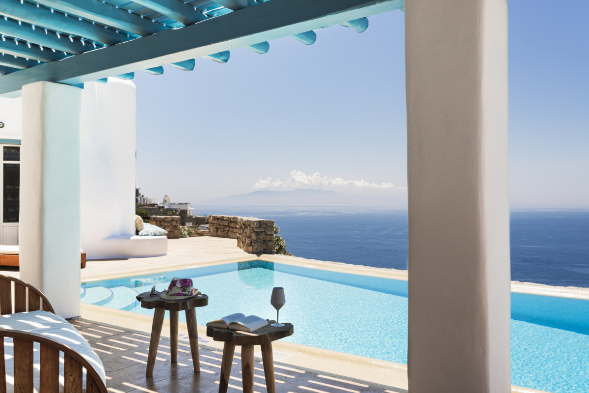 Pool and sea view at Villa Elpida, one of the best mykonos villa rentals by AGL