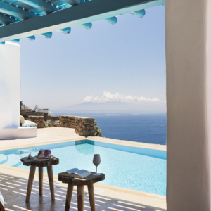 Pool and sea view at Villa Elpida, one of the best mykonos villa rentals by AGL