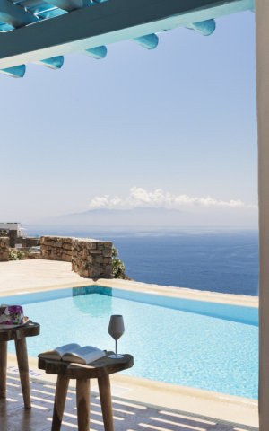 Pool and sea view at Villa Elpida, one of the best mykonos villa rentals by AGL