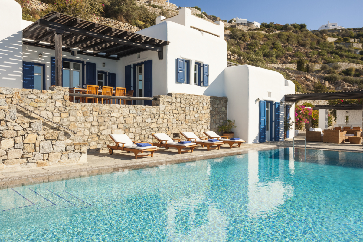 View of Villa Athena's external pool, a luxury private villa in Mykonos by AGL