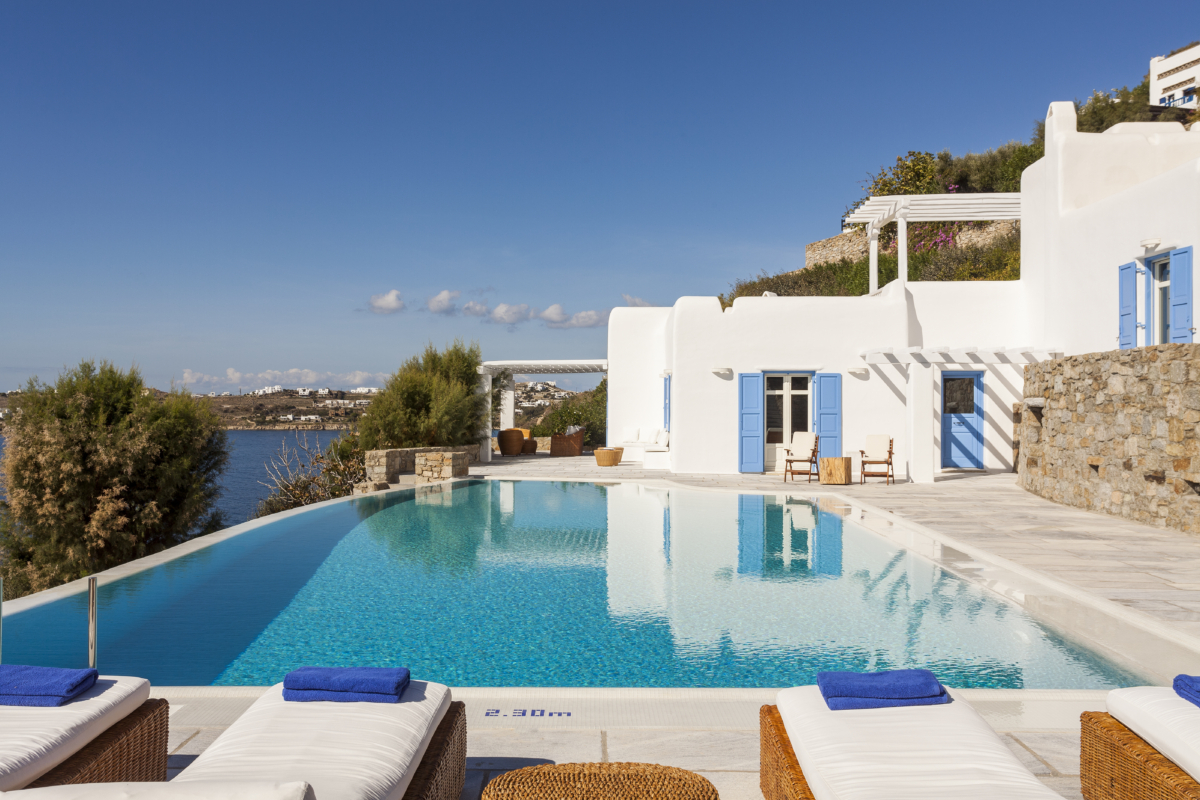 Pool view at Villa Pinto, a seafront luxury villa in Mykonos by AGL