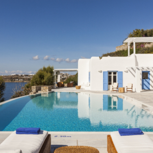 Pool view at Villa Pinto, a seafront luxury villa in Mykonos by AGL