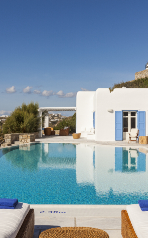 Pool view at Villa Pinto, a seafront luxury villa in Mykonos by AGL
