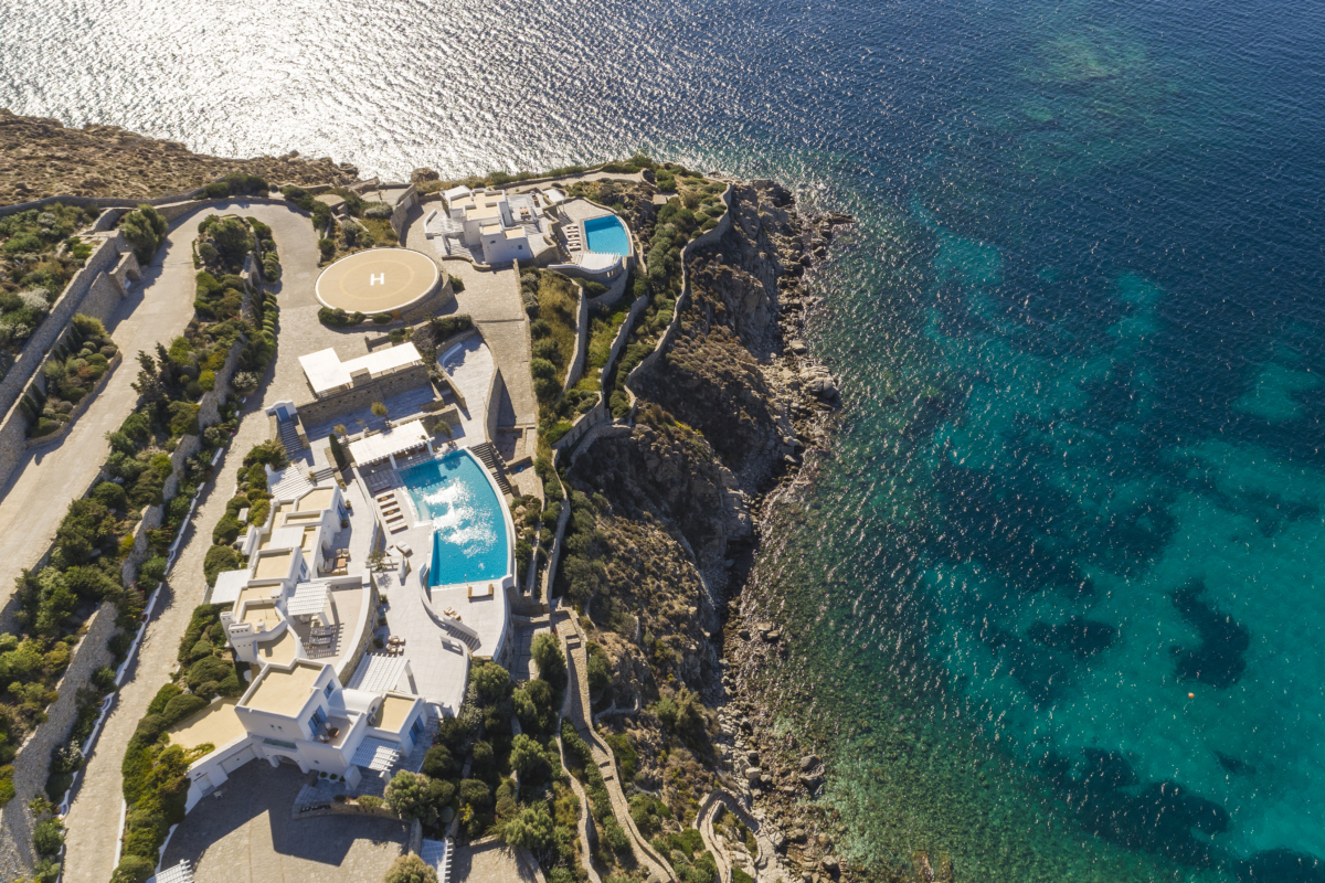 Stunning aerial view of our Mykonos luxury private villa with helipad a AGL