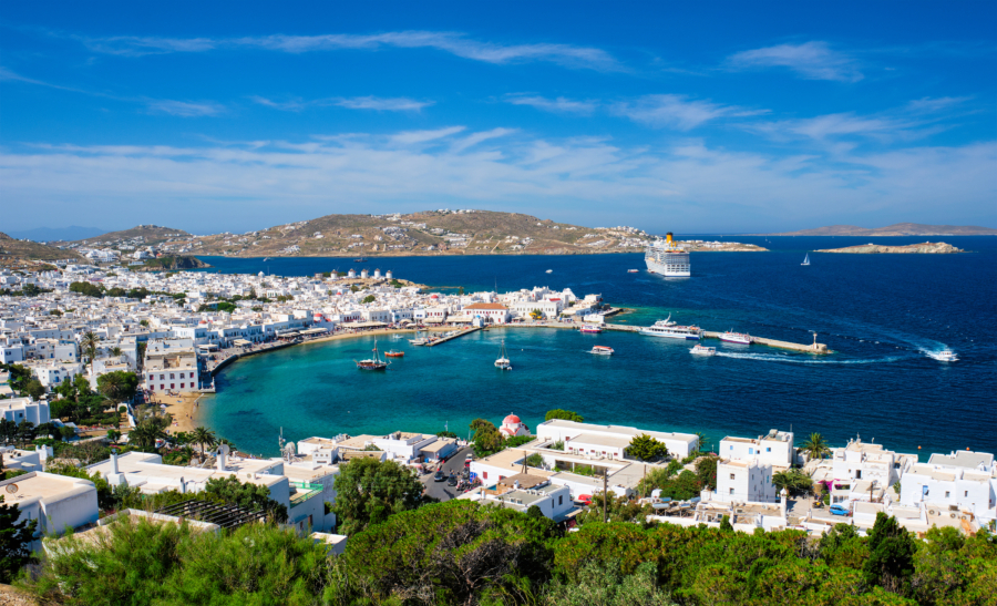 View of Mykonos town Greek tourist holiday vacation destination