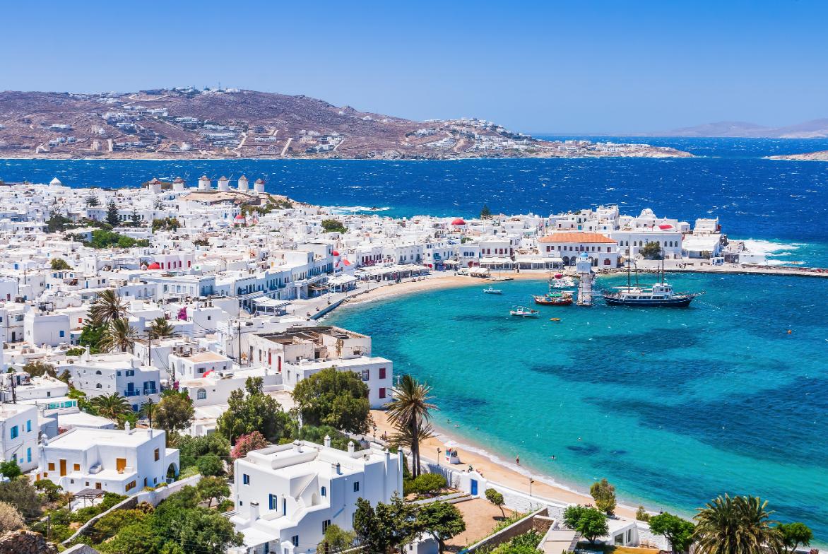 Aerial view of the main harbour of Mykonos town, one of the top places to explore during 1 week in Mykonos.  