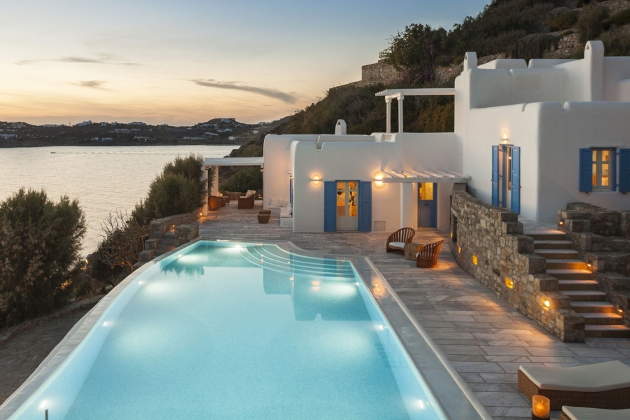 Villa Pinto at dusk, one of the best family villas in Mykonos by AGL Luxury Villas.
